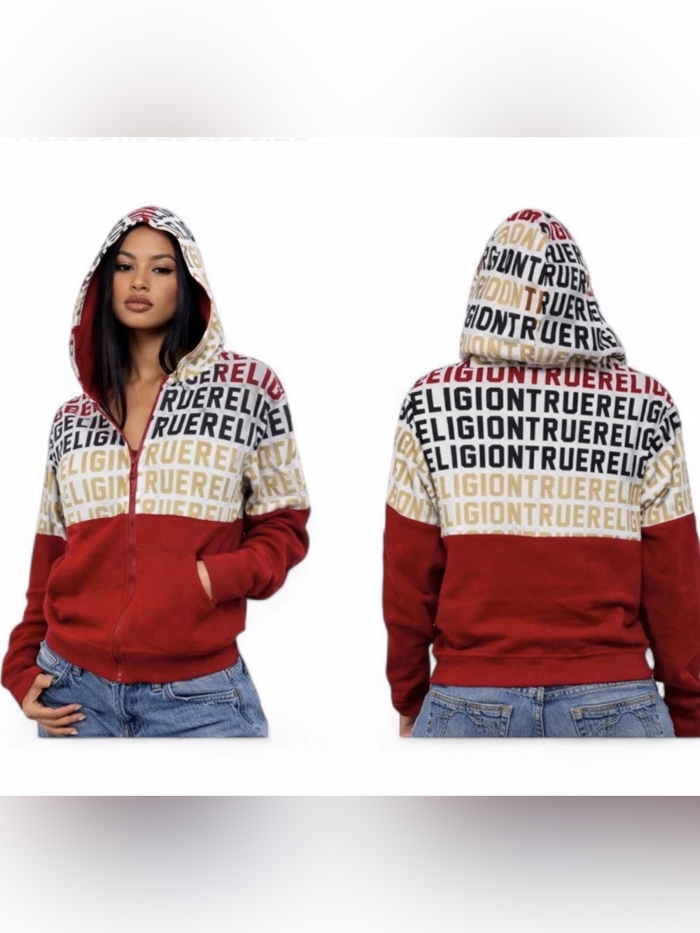 True Religion Y2K Hoodie Women XL Full Zip Logo AOP Streetwear Red Gold Graphic
